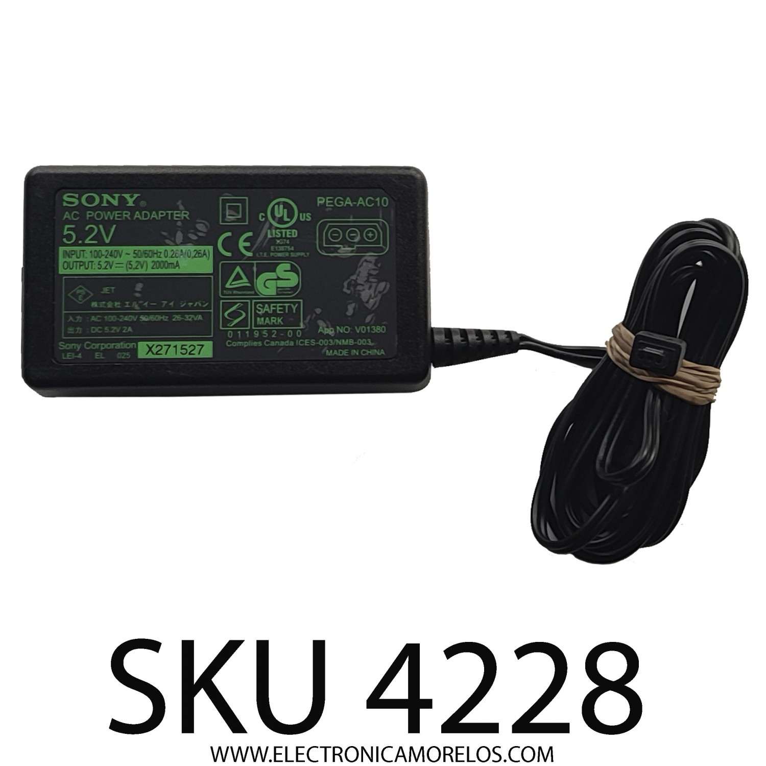 ADAPTADOR AC SONY / NUMERO DE PARTE PEGA-AC10 / INPUT: 100 - 240 VAC 50/60HZ 0.26A / OUTPUT: 5.2 VDC - 200mA / X271527	